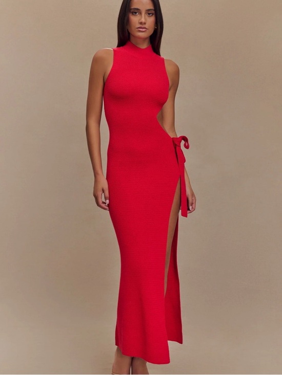 Meshki Dresses & Skirts - Meshki Red High-Neck Side-Slit Maxi Dress